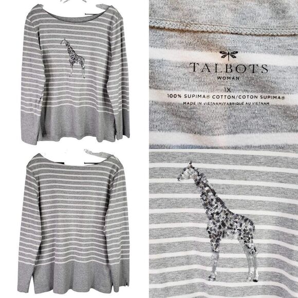 Talbots Stretch Knit Sweatshirt Women's 1X Gray White Stripe Sequin Giraffe LS - Picture 1 of 8